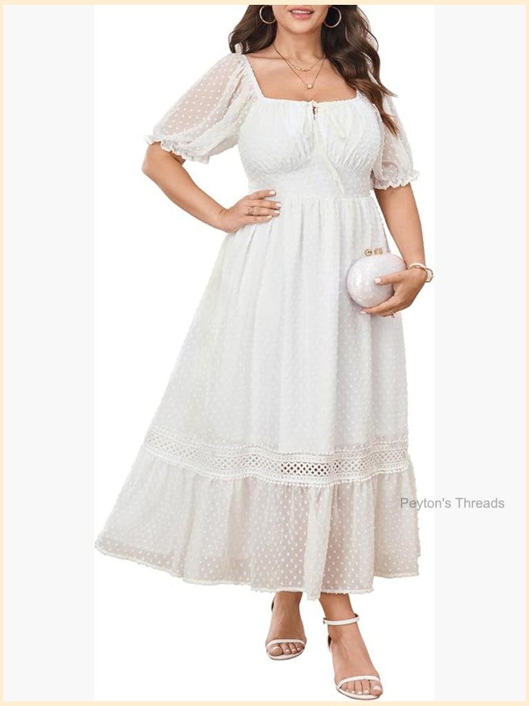 Plus Size Maxi Dress Square Neck Tie Front Swiss Dot A-Line Wedding Guest